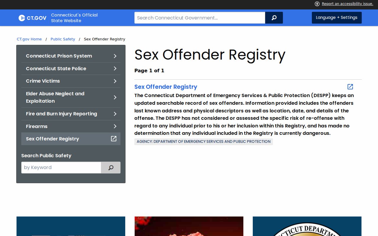 Newington resident lookup Connecticut offender registry fields and warning