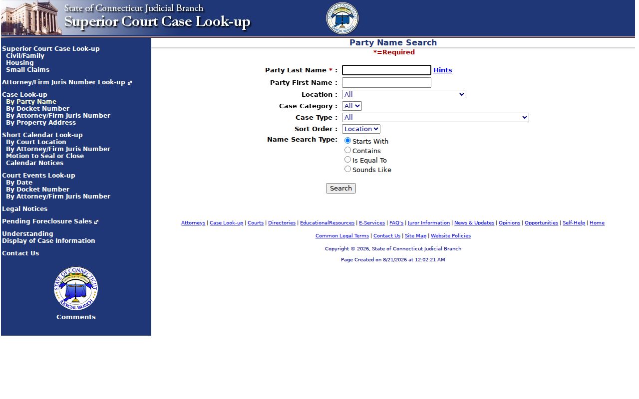 Newington resident lookup Connecticut civil court party search fields
