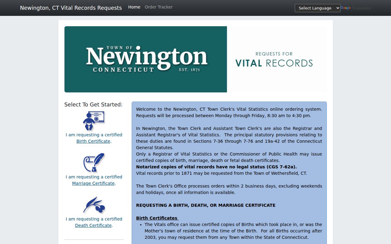 Newington resident lookup birth marriage and death order portal