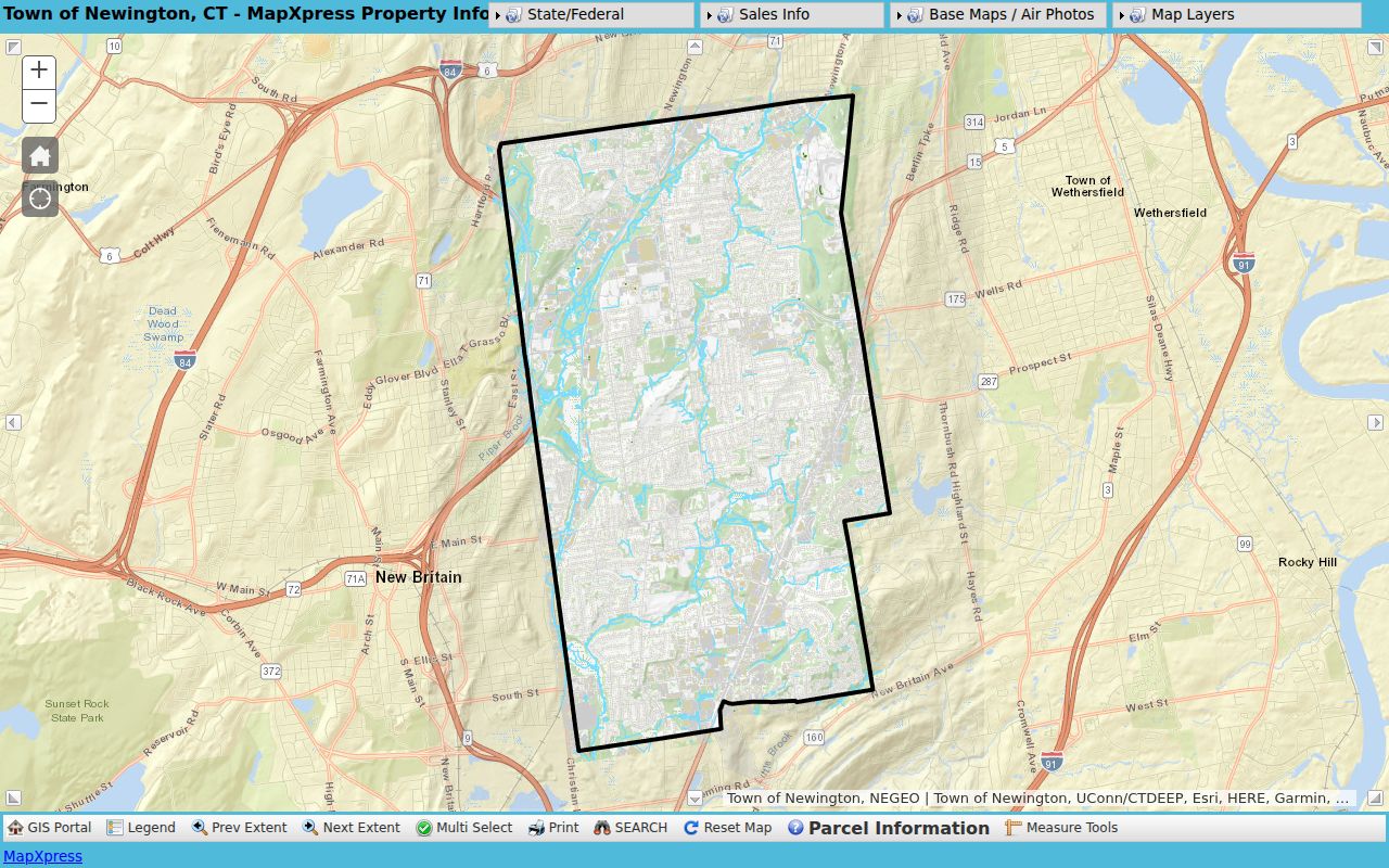 Newington street directory GIS layer controls and parcel map