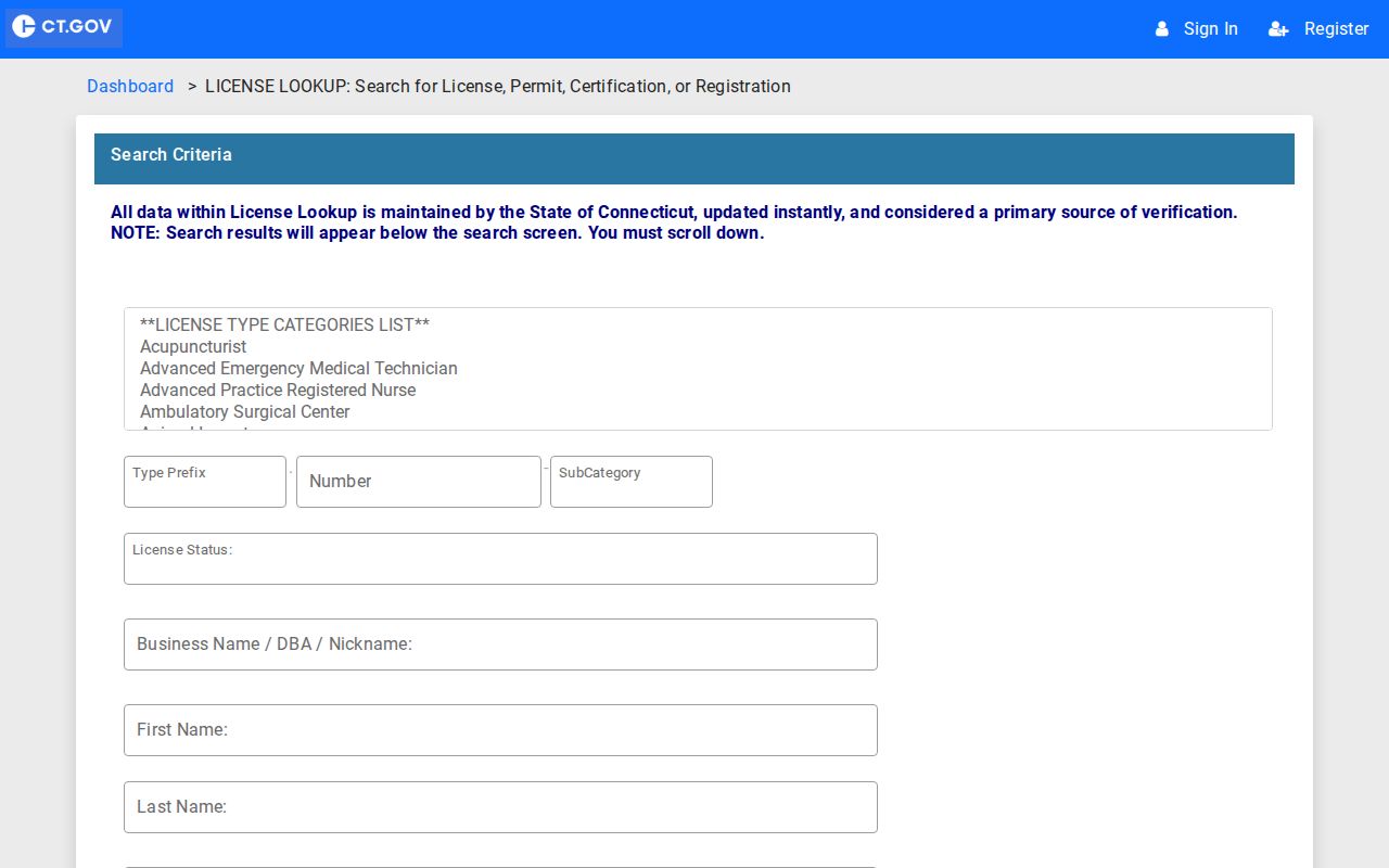 Newington ZIP code directory Connecticut eLicense ZIP search fields